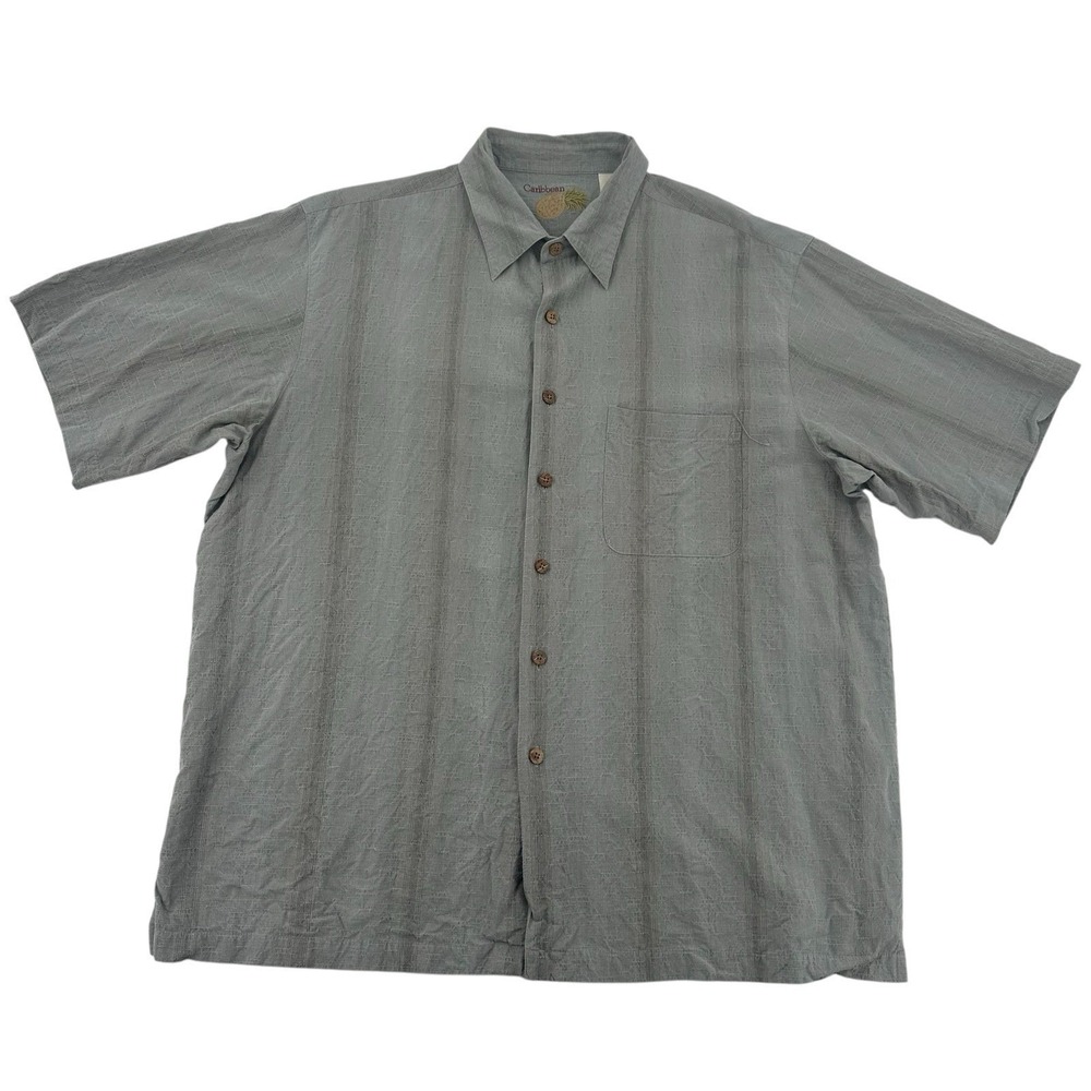 Caribbean Mens XL Silk Cotton Blend Short Sleeve Button Down Camp Shirt Grey